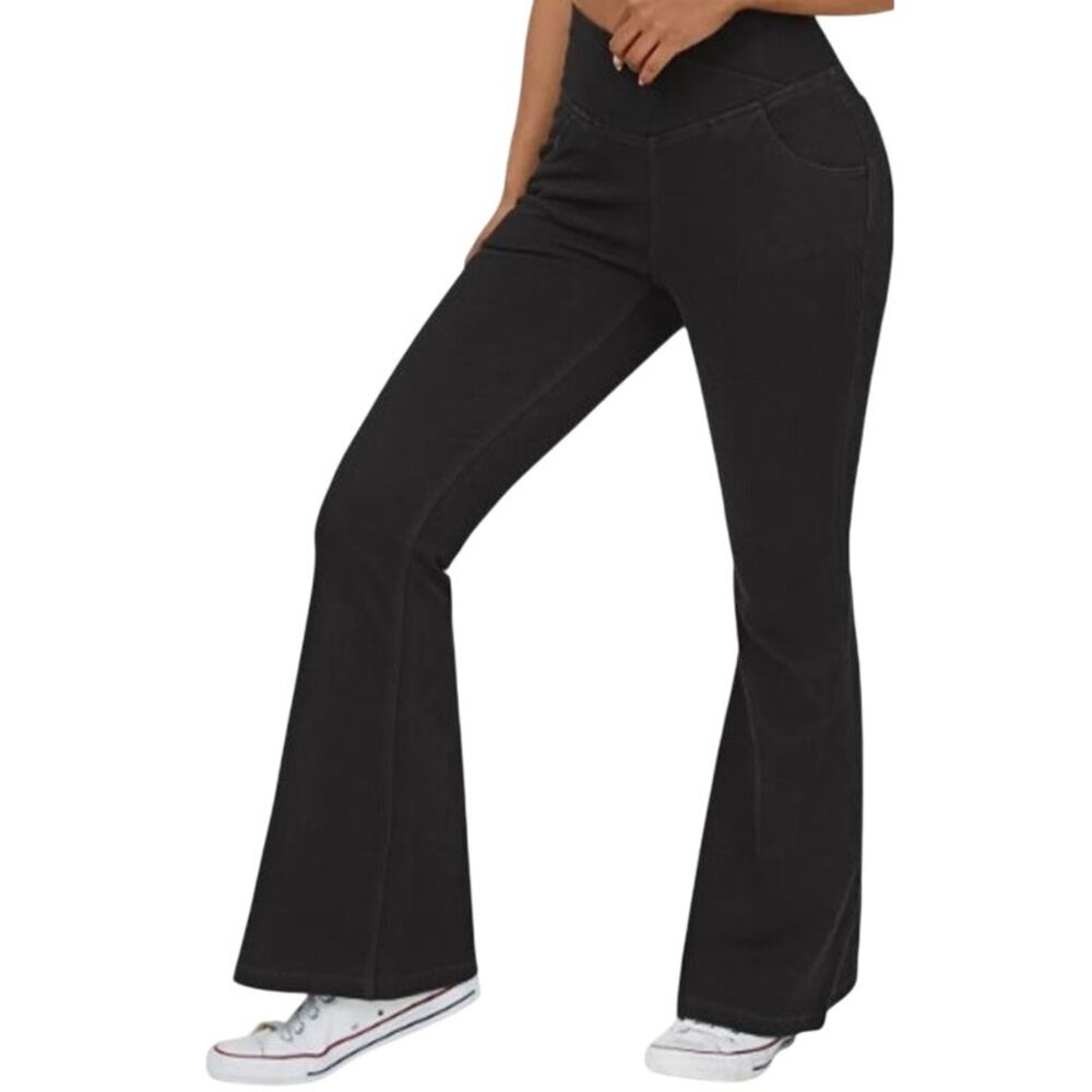 Halara Flex Jeans High Waist Crossover Pocket Stretchy Super Flare Black S NWT